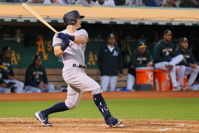 New York Yankees OF Andrew Benintendi hitting against Oakland Athletics